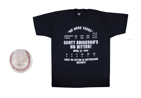 1994 Scott Erickson Signed OAL Brown Baseball From 1st No-Hitter Game at Metrodome With Commemorative T-Shirt (JSA)